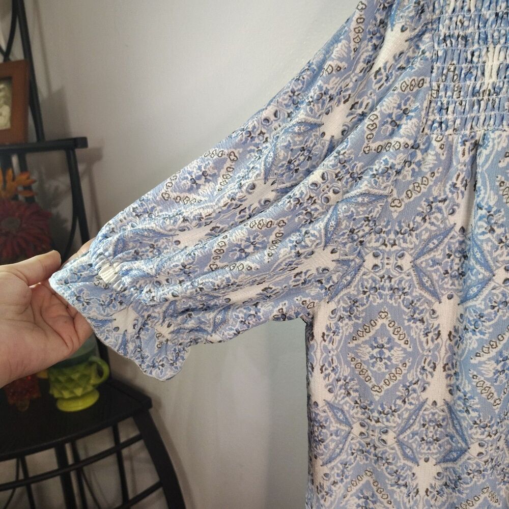 Melloday Boho Smocked Blouse Blue White Tie Neck Stretch Top Women Large - Picture 4 of 6